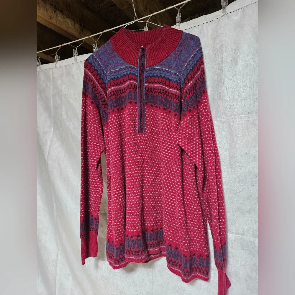 Eddie Bauer‎ Men's Fairisle Sweater 1/4 zip, size XXL Maroon & Blue Grandpa Ski - Picture 8 of 8